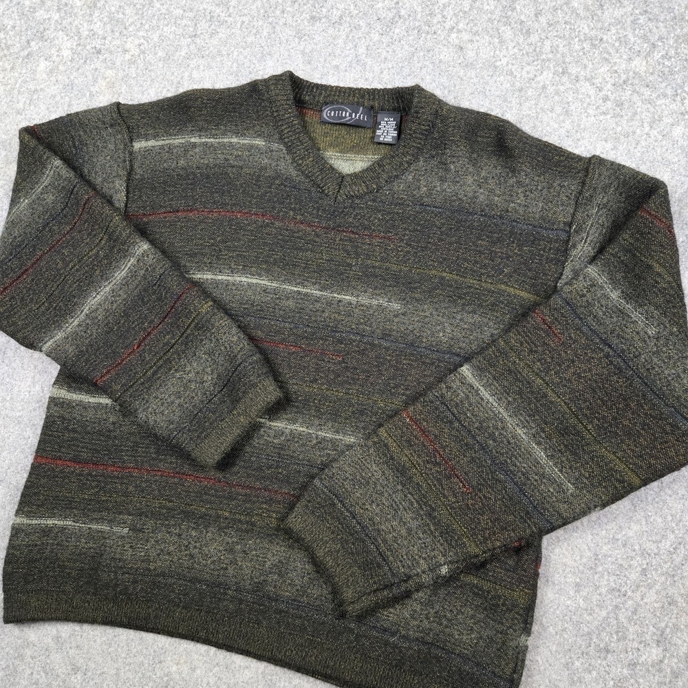Vintage Sweater Men Medium‎ Green Multicolor Merino Wool Blend Preppy Grandpa